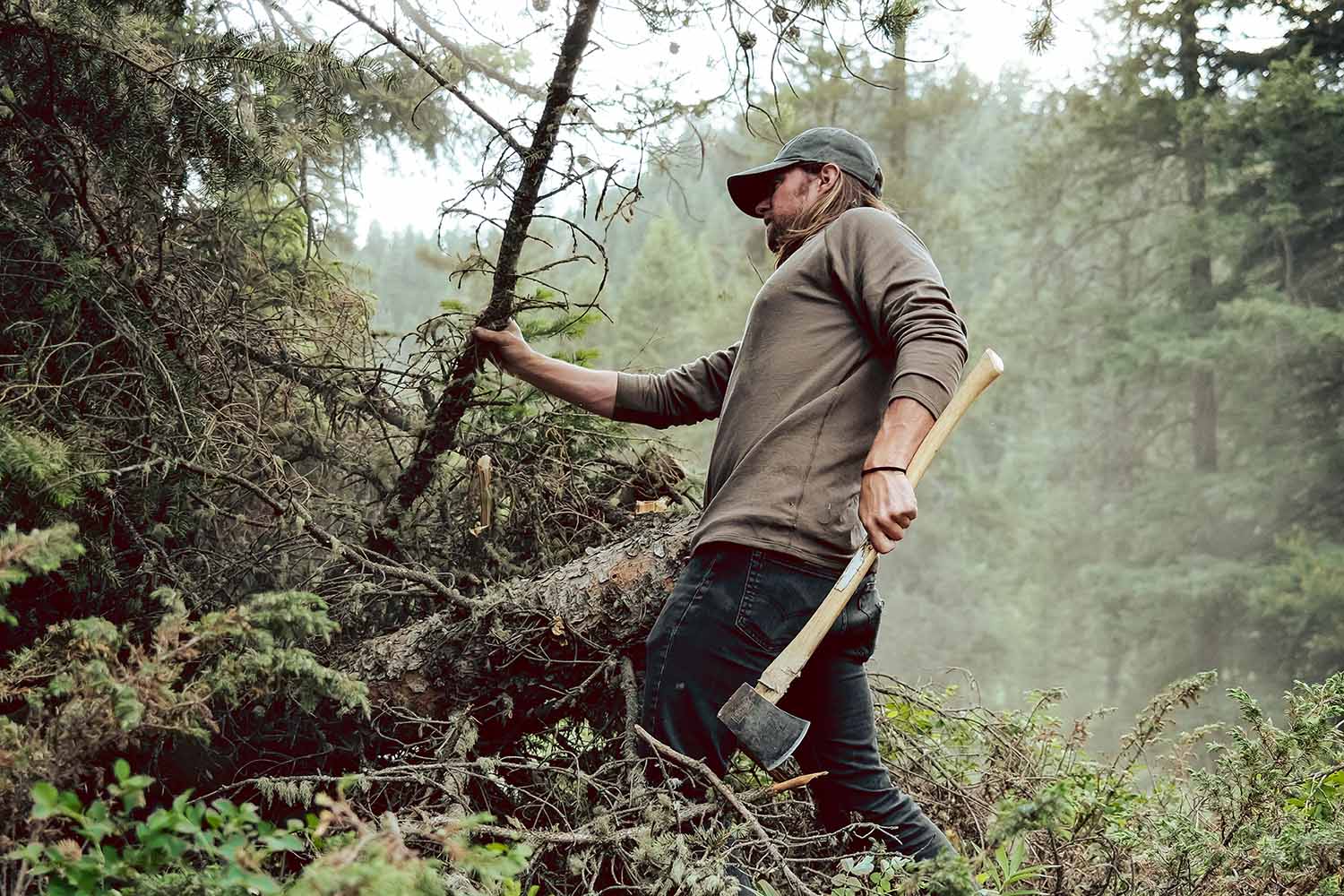 A man chopping wood.