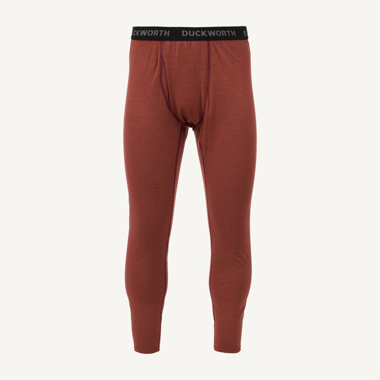 A pair of red American made Duckworth merino wool leggings. 