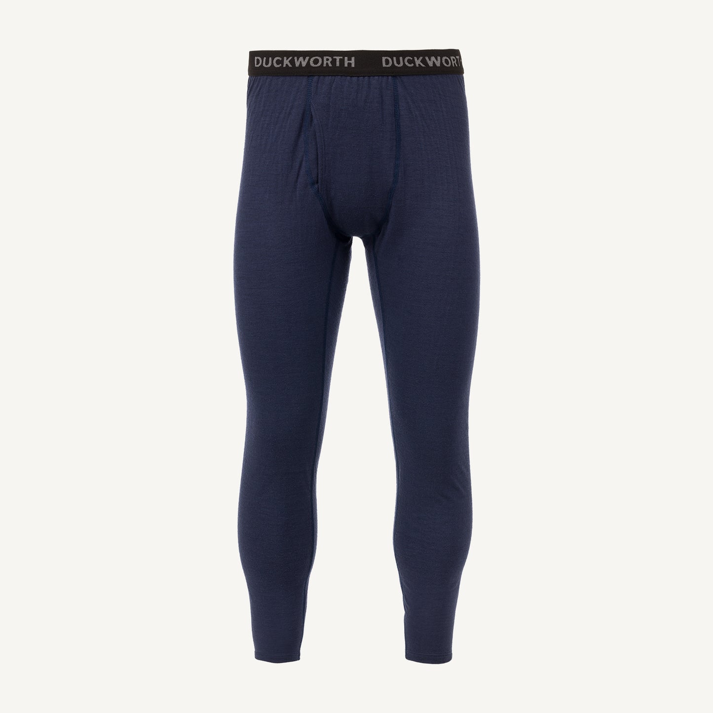 A pair of navy American made Duckworth merino wool leggings. 