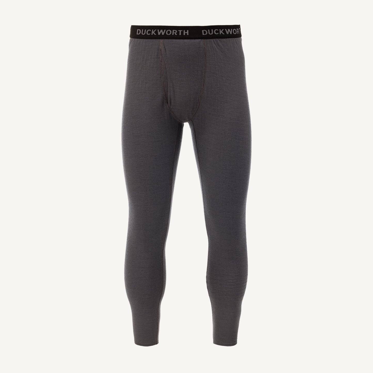 A pair of gray American made Duckworth merino wool leggings. 