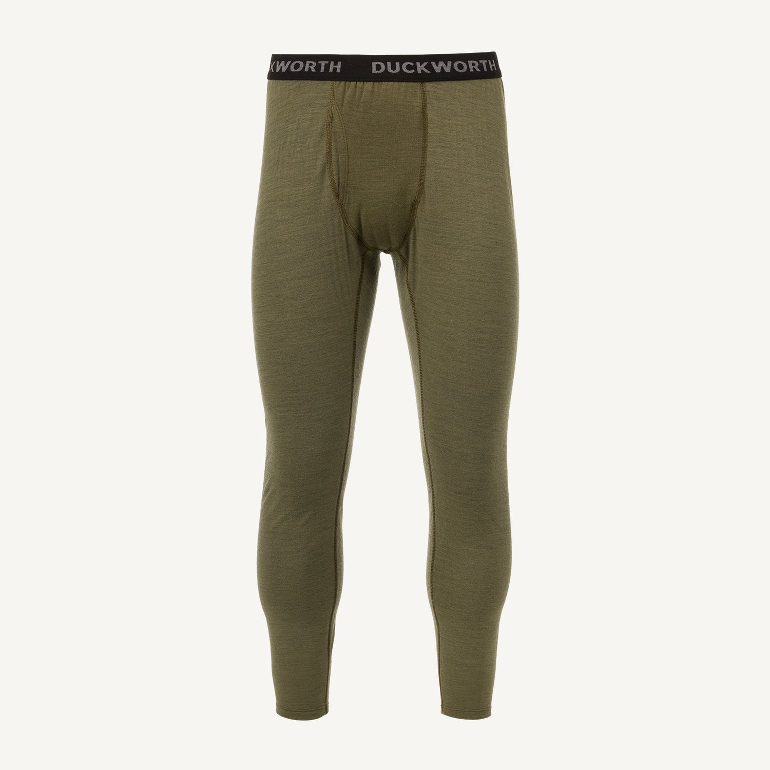 A pair of green American made Duckworth merino wool leggings. 