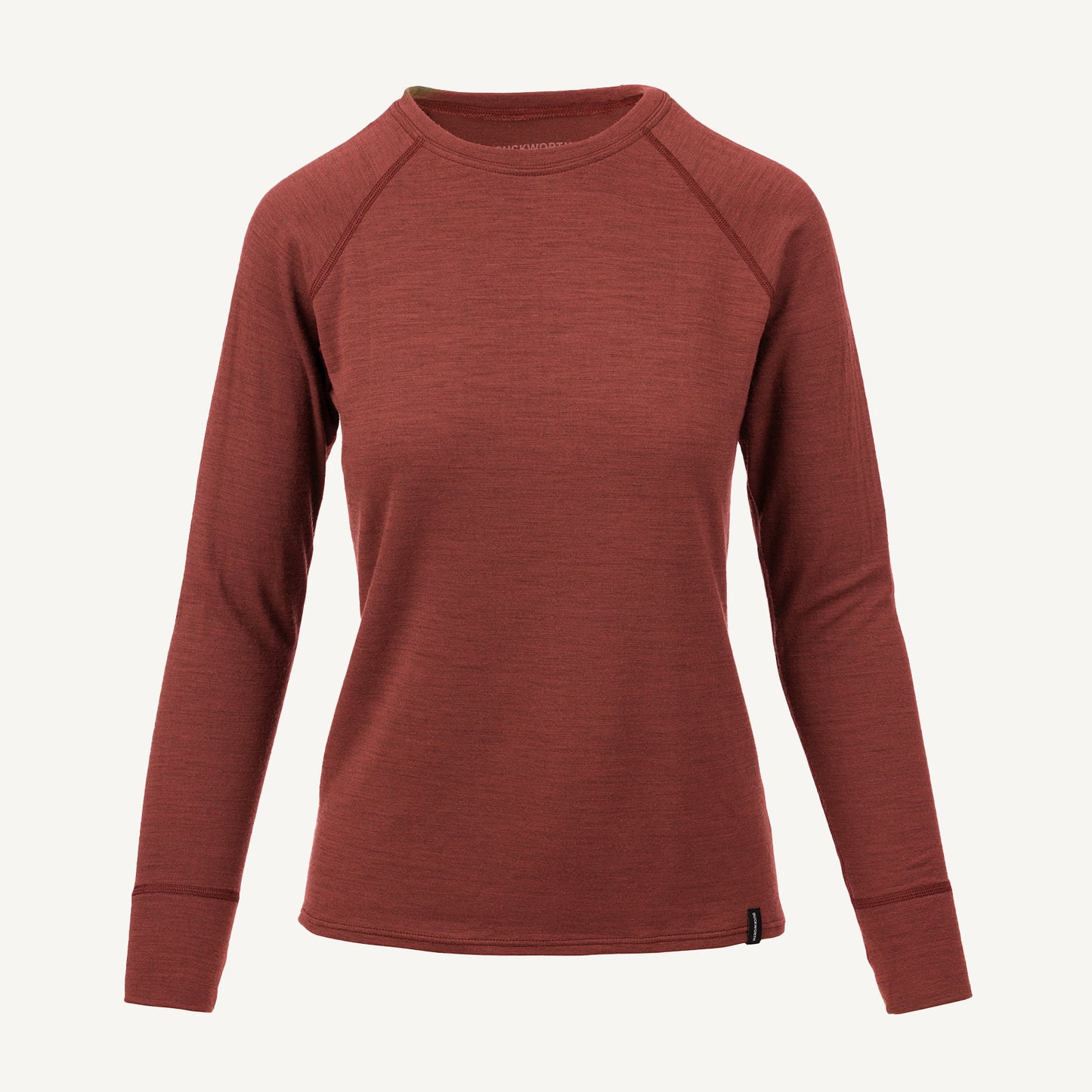 A red American made Duckworth merino wool long sleeve base layer.