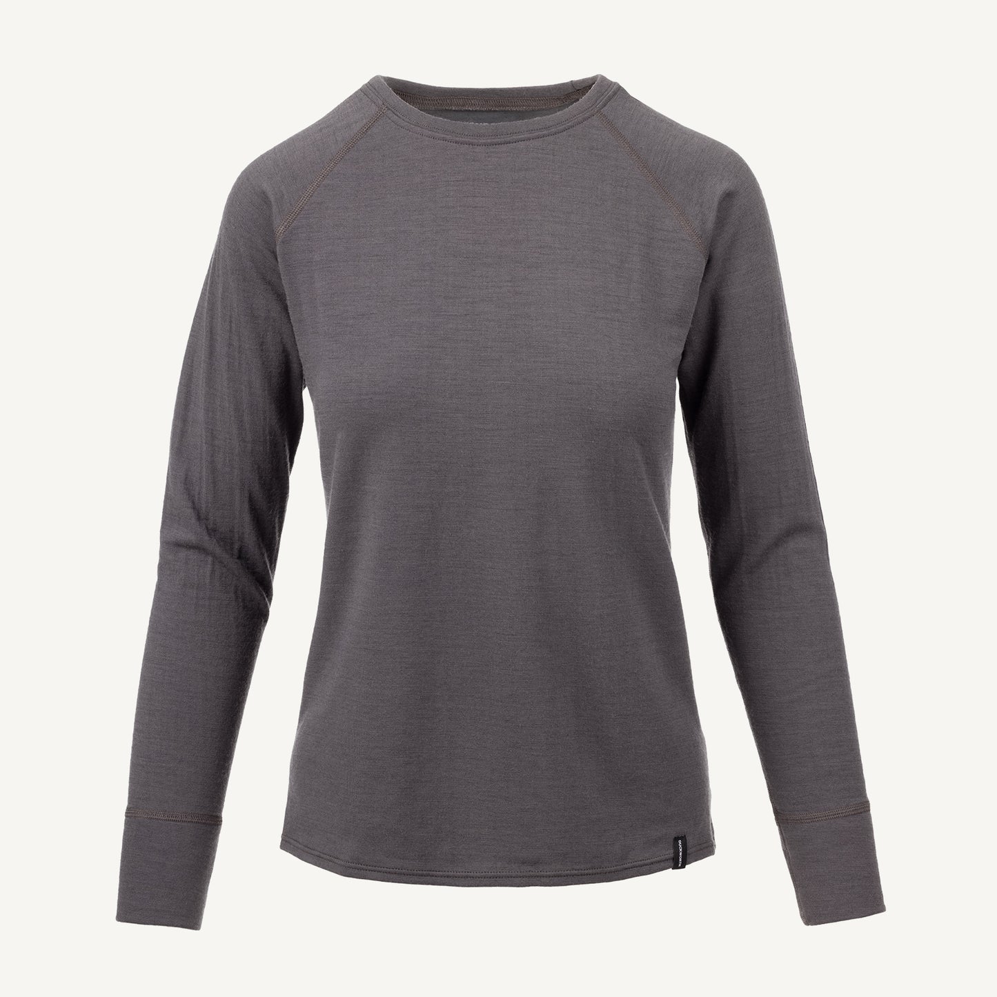 A gray American made Duckworth merino wool long sleeve base layer.