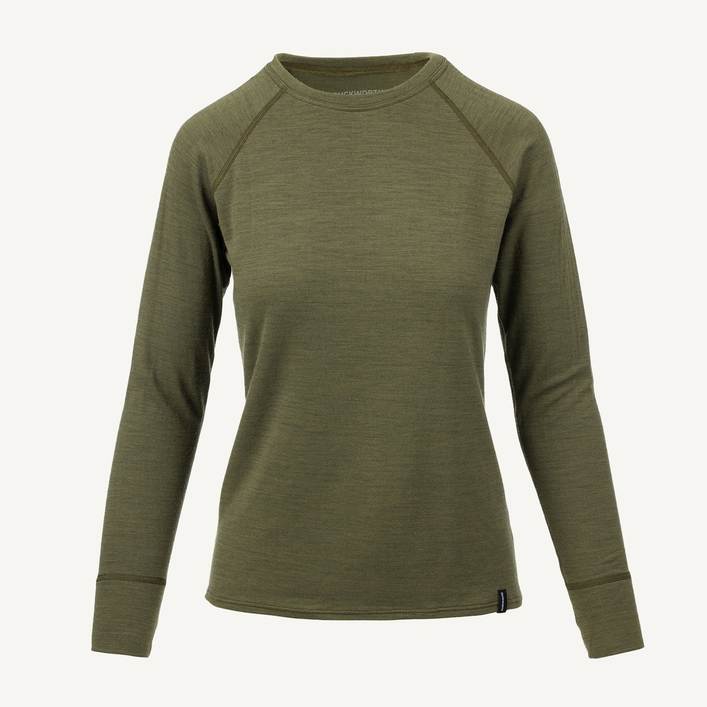 A green American made Duckworth merino wool long sleeve base layer.