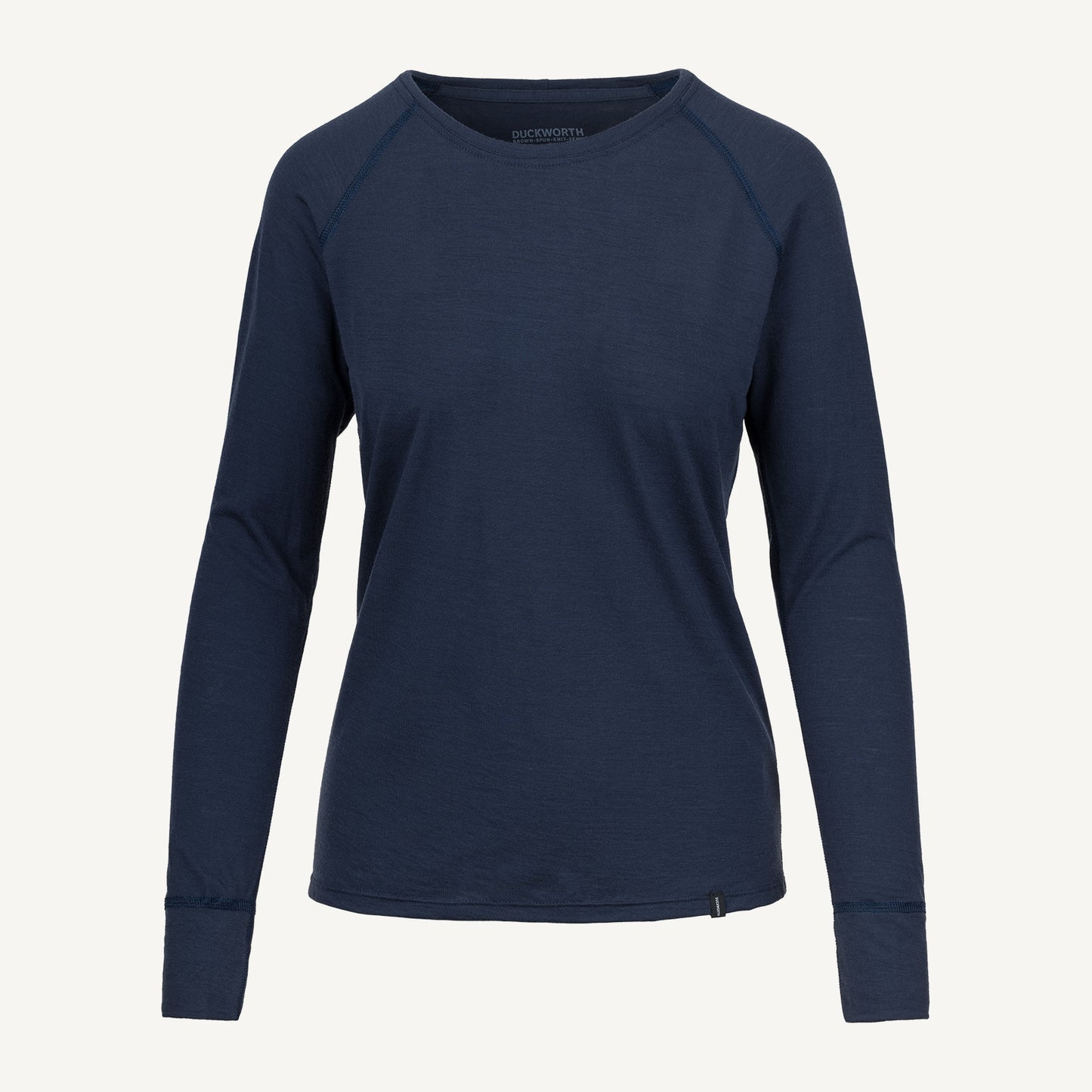 A navy American made Duckworth merino wool long sleeve base layer.