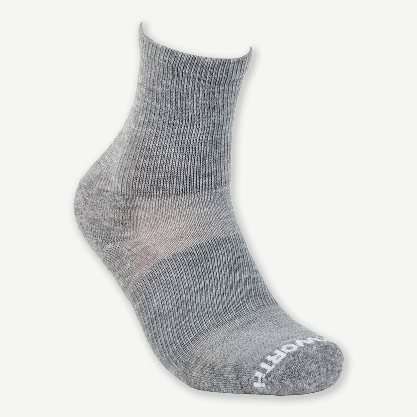 A gray American made Duckworth merino wool performance crew sock.