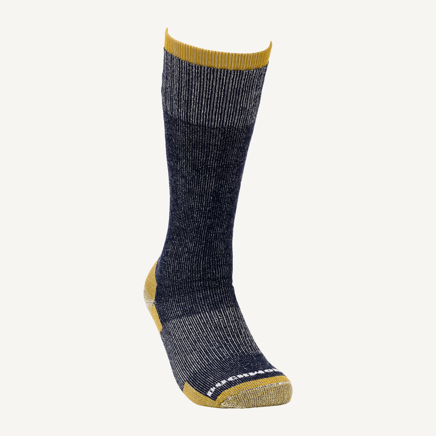 Blue and yellow Duckworth heavy weight over the calf merino wool sock. 