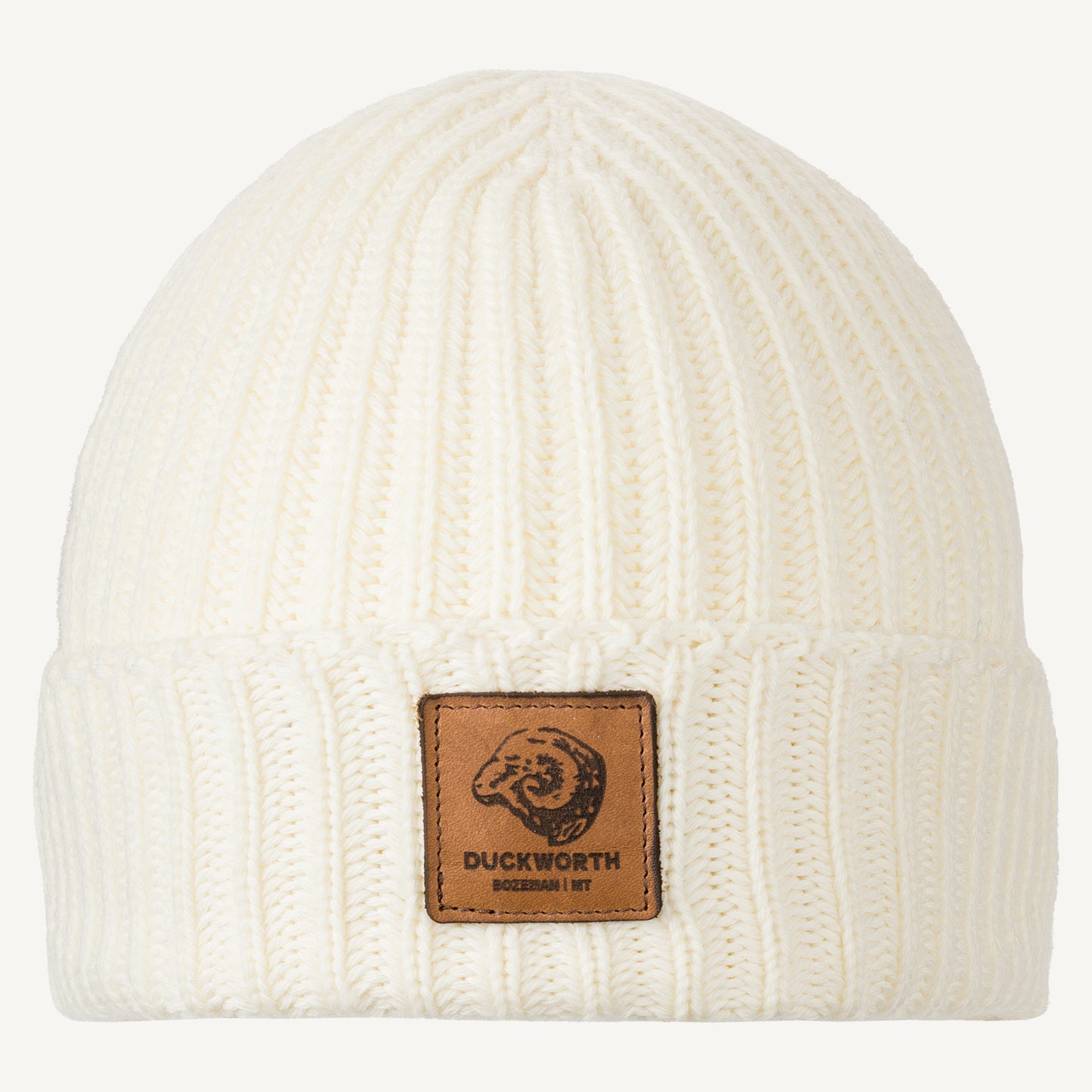 Natural made in America merino wool knit hat with leather patch. 