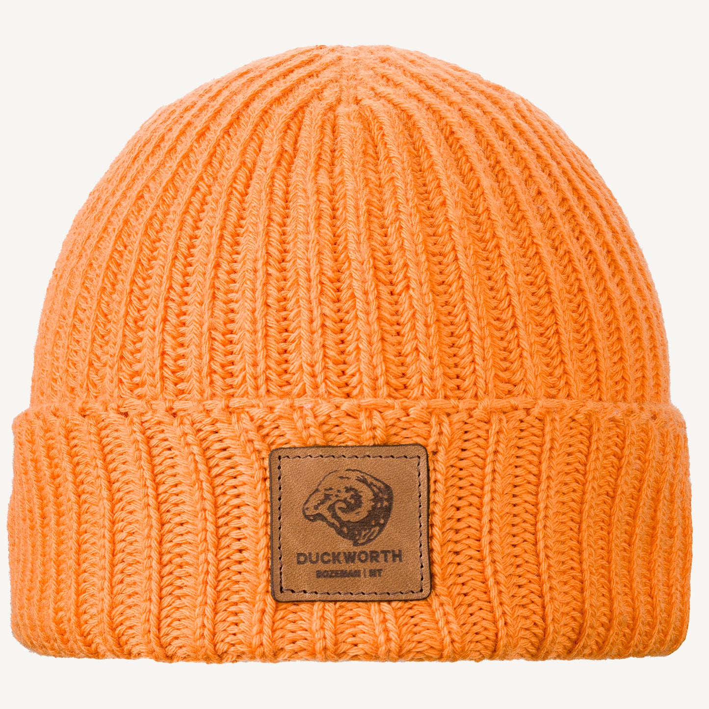 Orange made in America merino wool knit hat with leather patch. 