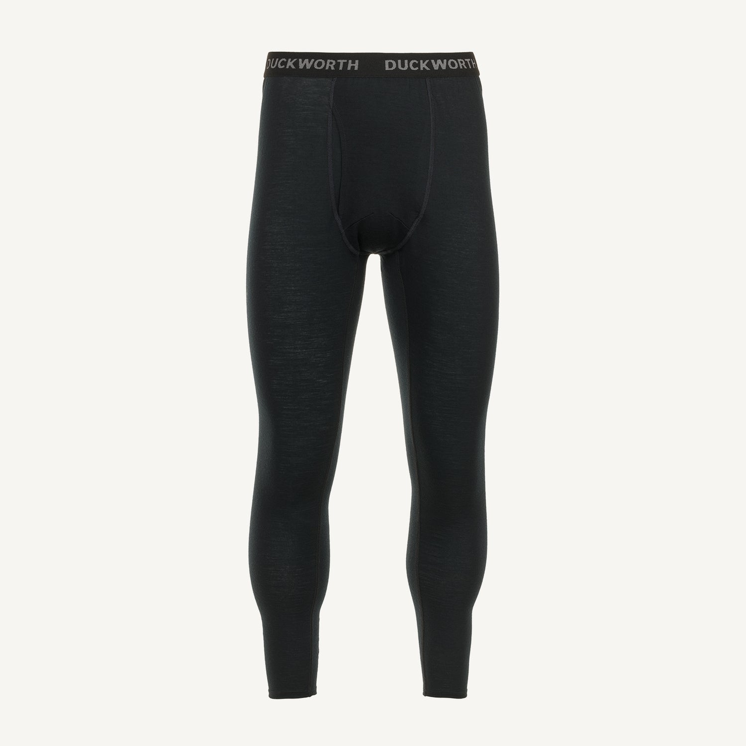 A pair of black American made Duckworth merino wool leggings. 