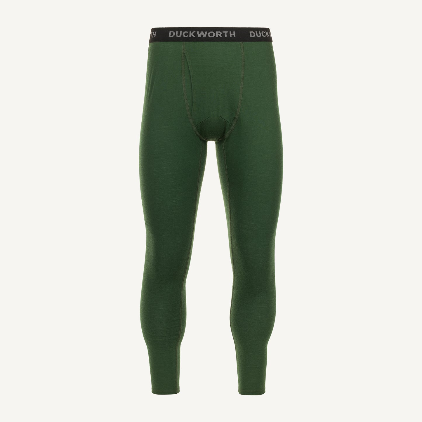 A pair of green American made Duckworth merino wool leggings. 