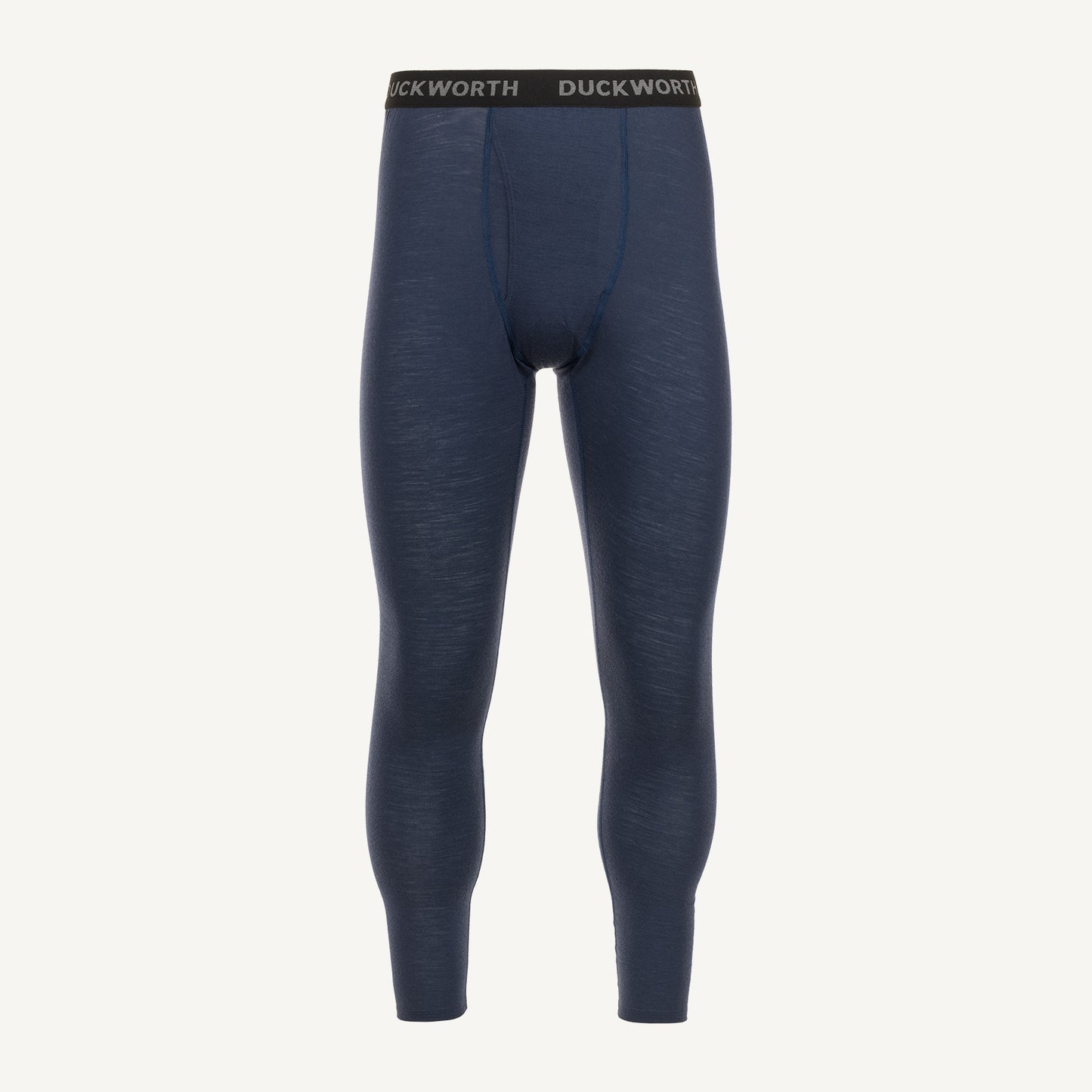 A pair of navy American made Duckworth merino wool leggings. 