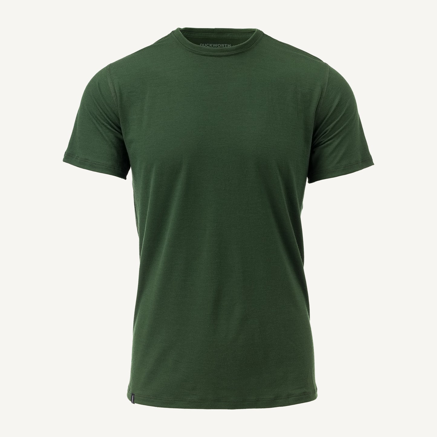 A green American made Duckworth merino wool tee shirt. 