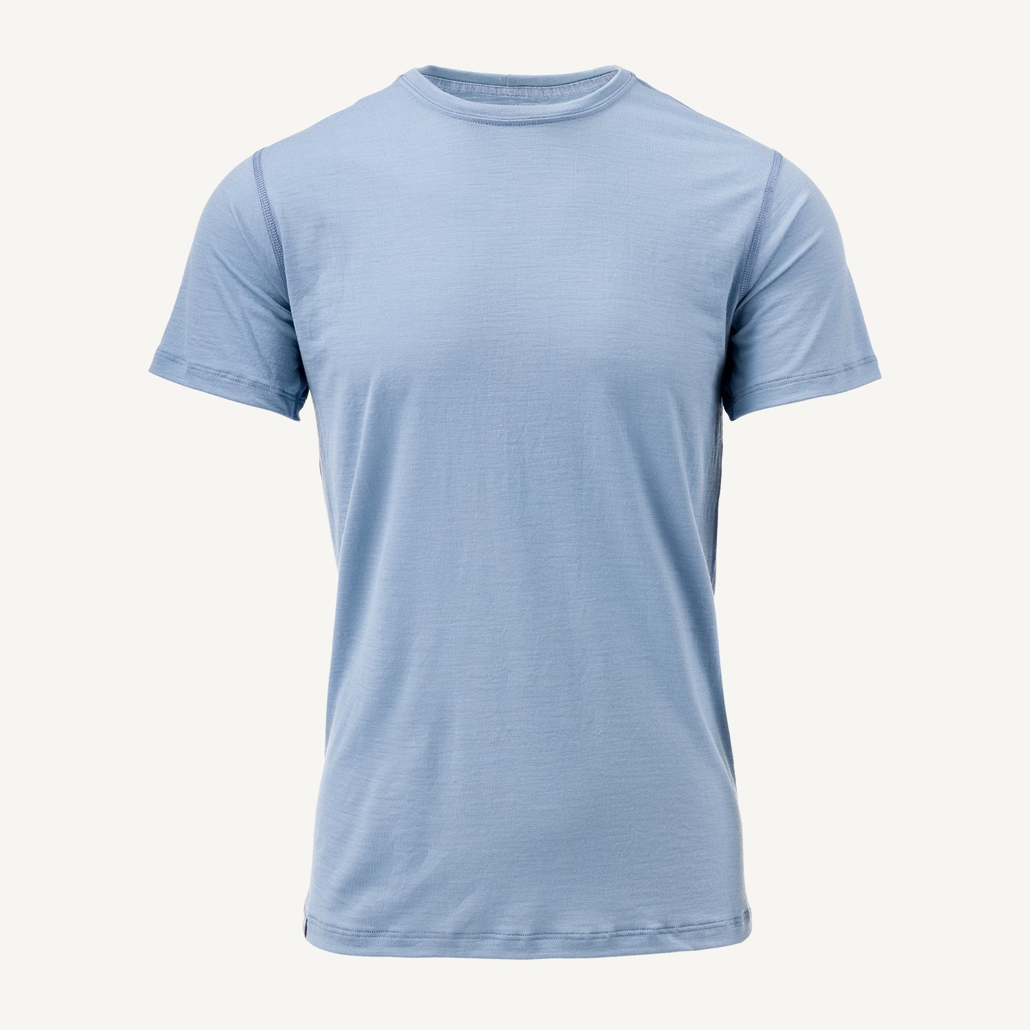 A blue American made Duckworth merino wool tee shirt. 