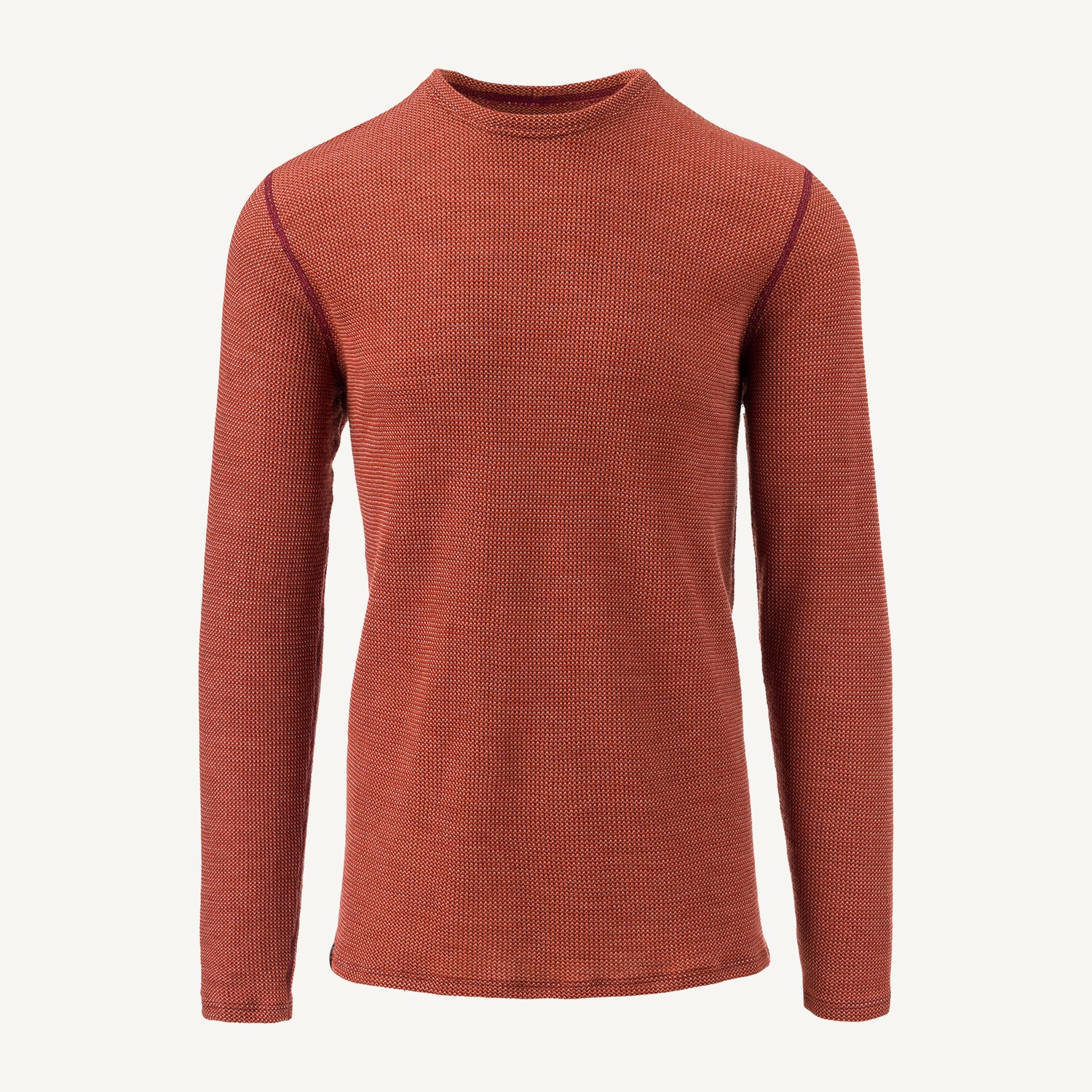 A red American made Duckworth merino wool waffle knit long sleeve crew. 