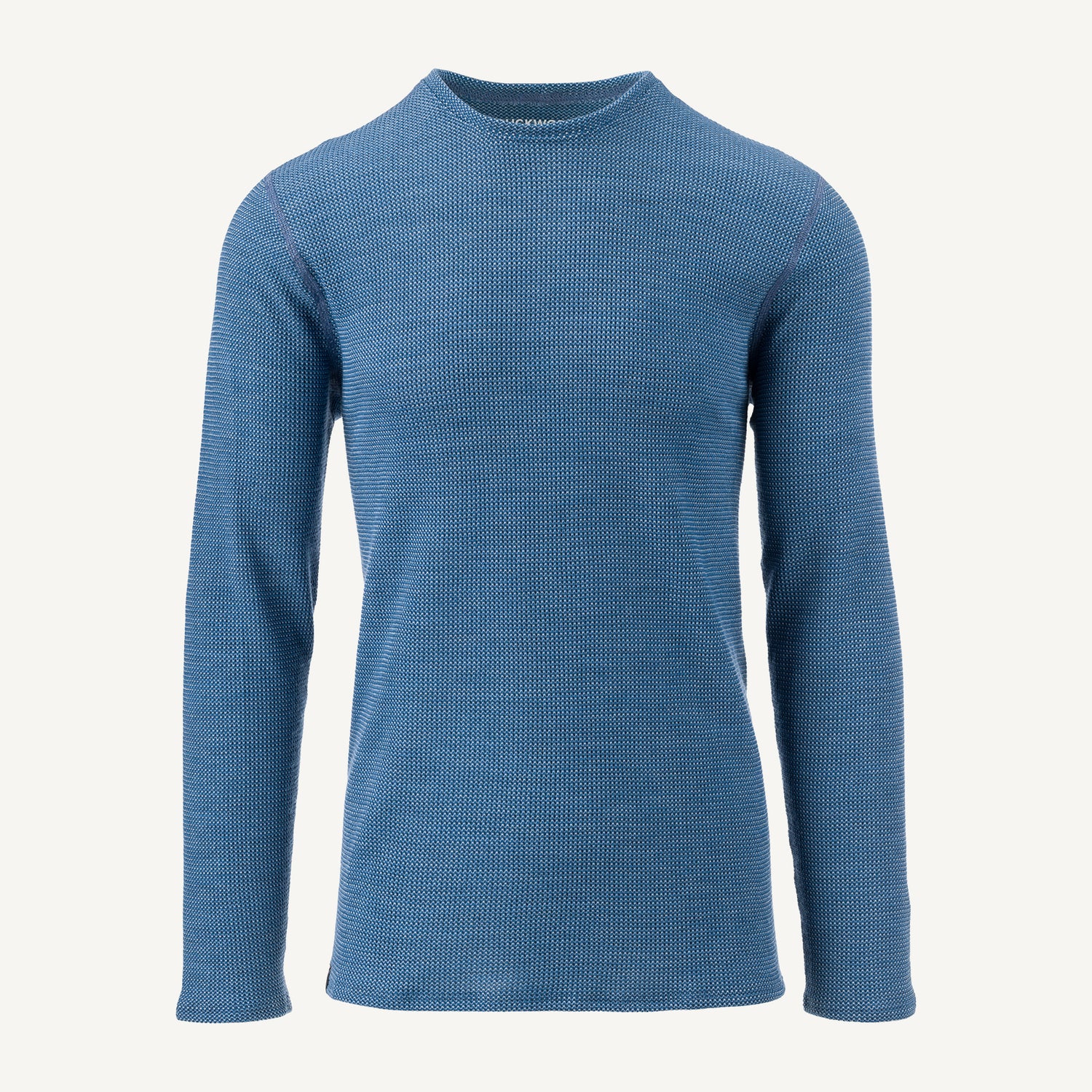 A blue American made Duckworth merino wool waffle knit long sleeve. 