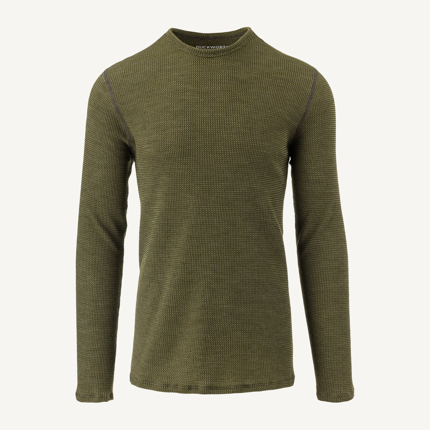 A green American made Duckworth merino wool waffle knit long sleeve. 