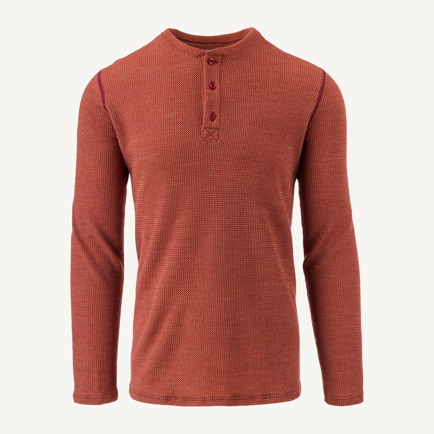 A red American made Duckworth merino wool waffle knit long sleeve henley. 