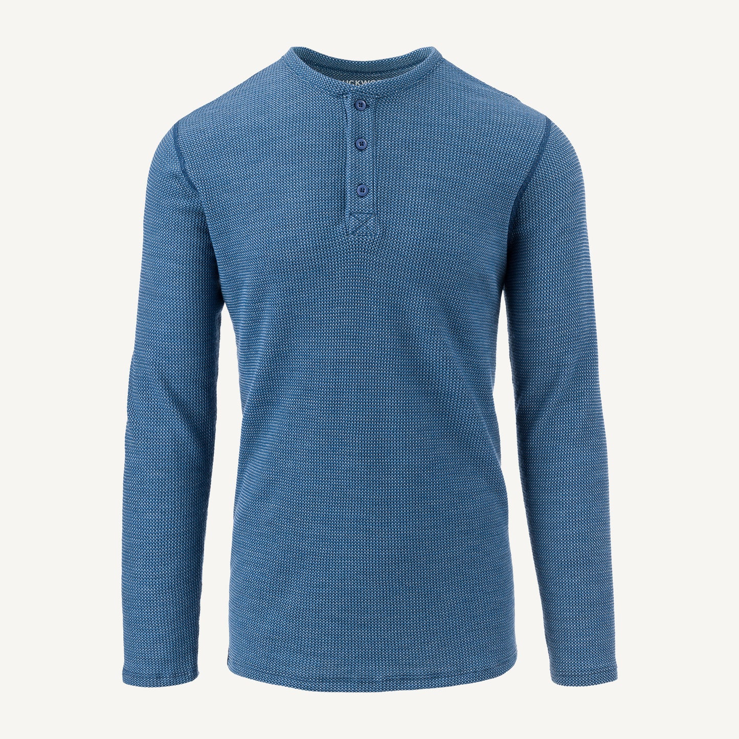 A blue American made Duckworth merino wool waffle knit long sleeve henley. 