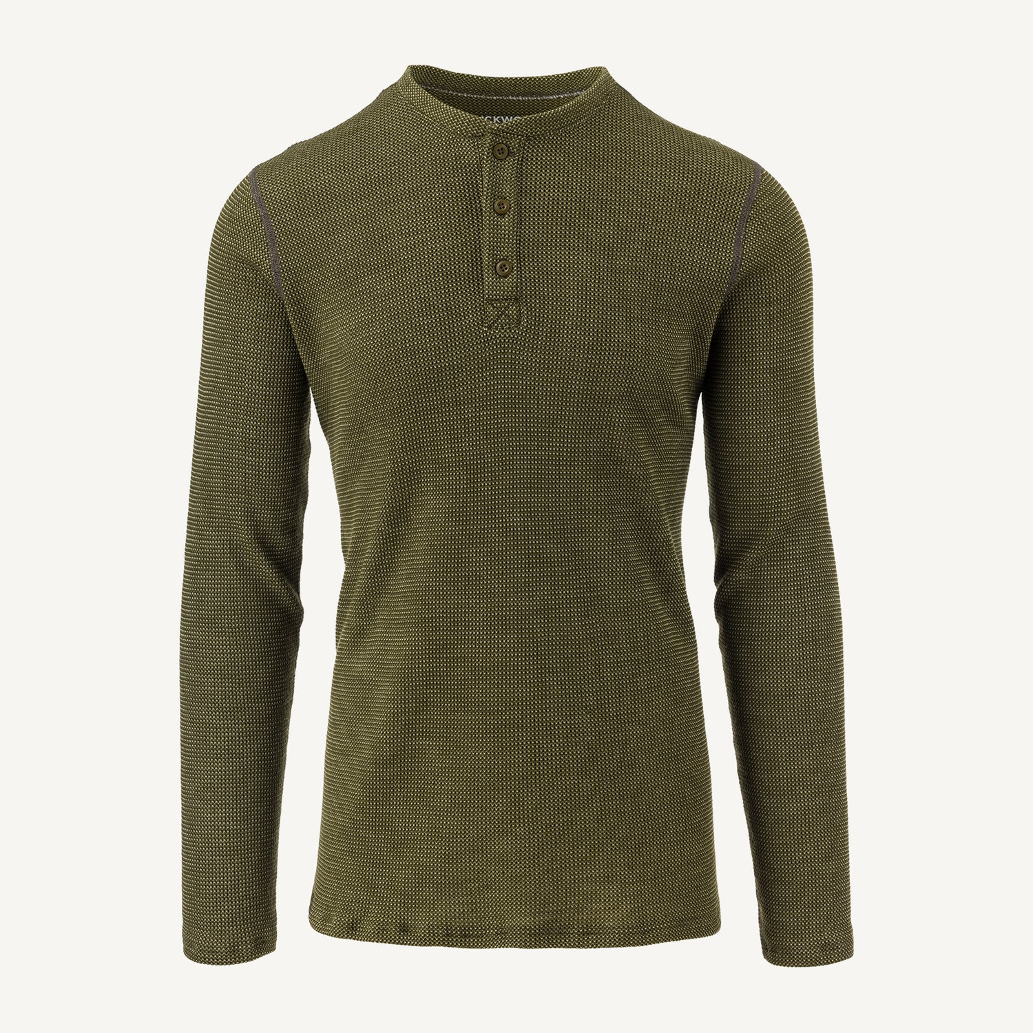 A green American made Duckworth merino wool waffle knit long sleeve henley. 