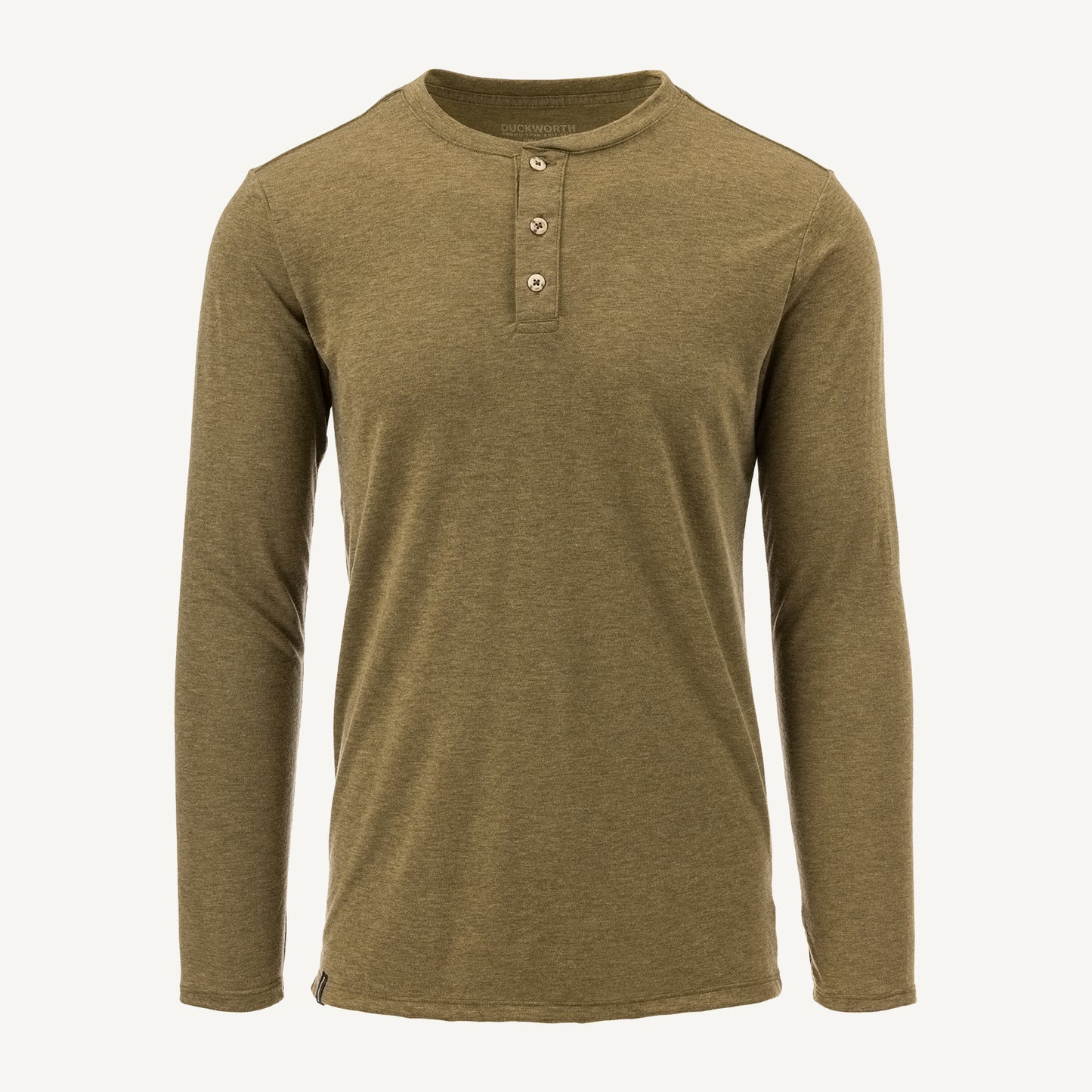 A tan American made Duckworth merino wool light weight long sleeve henley.