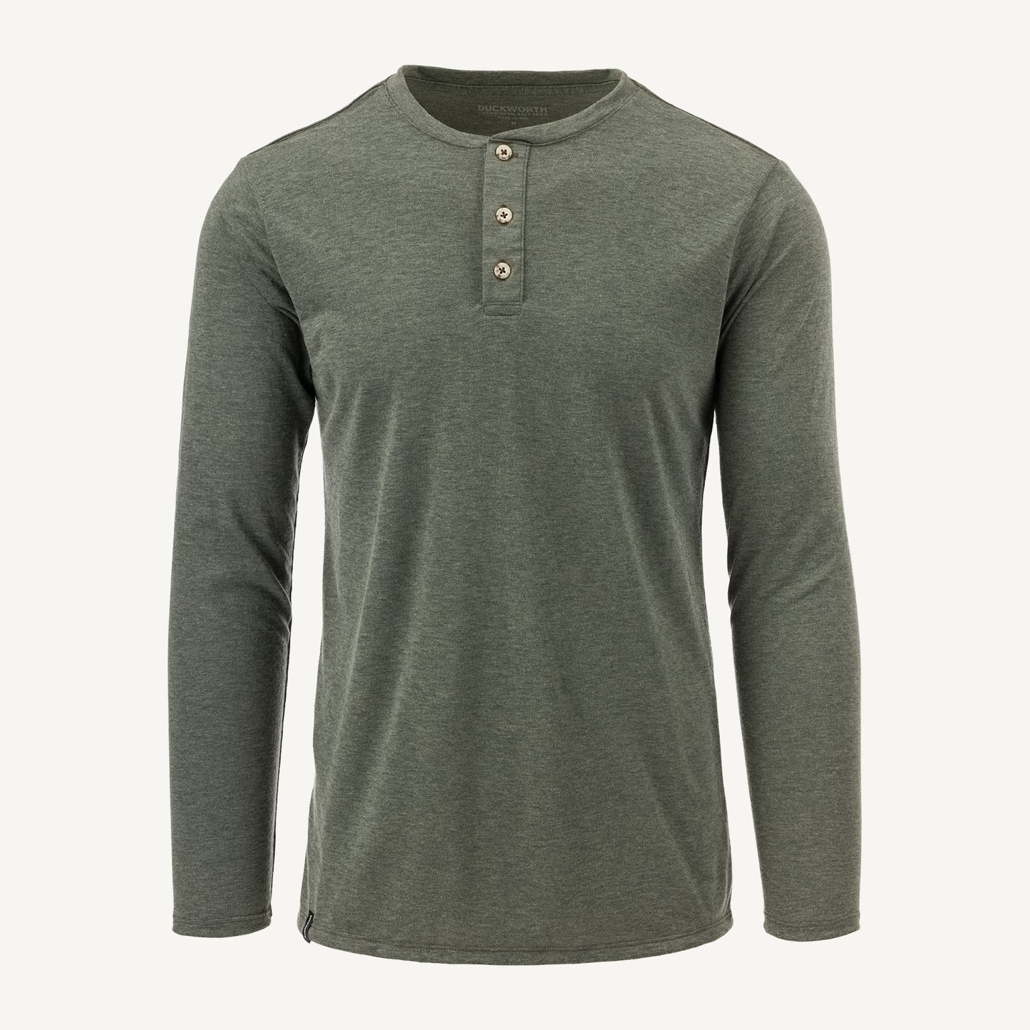 A green American made Duckworth merino wool light weight long sleeve henley.