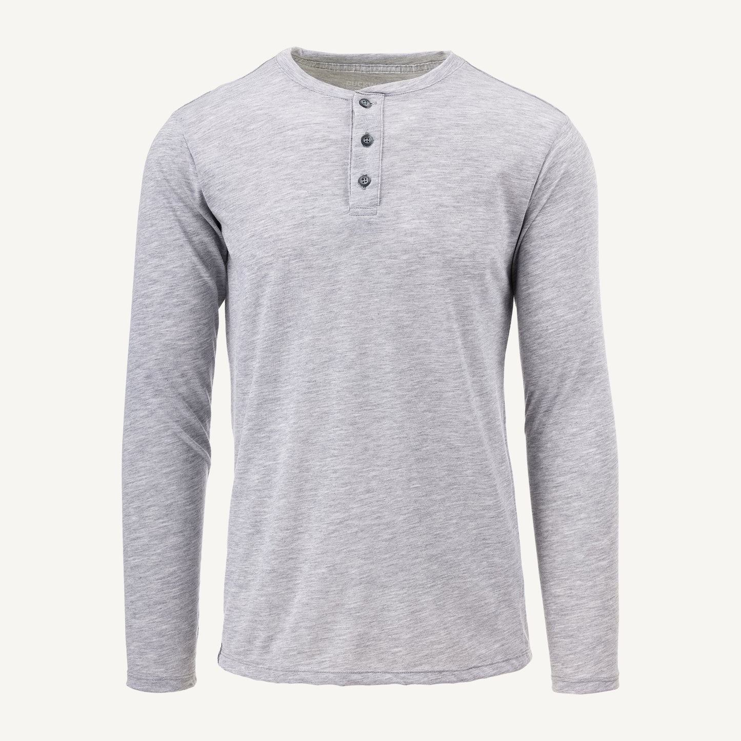 A gray American made Duckworth merino wool light weight long sleeve henley.