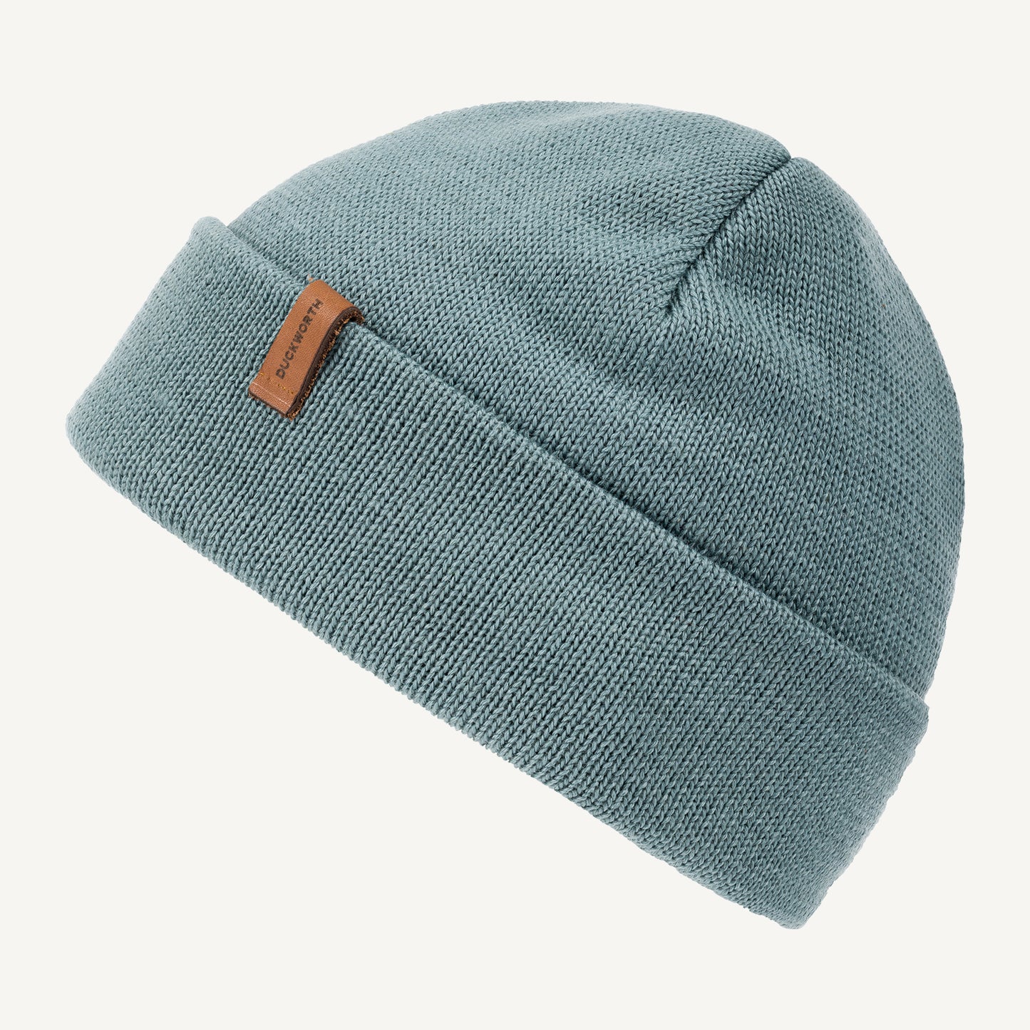 Sage made in America merino wool knit hat with leather patch. 