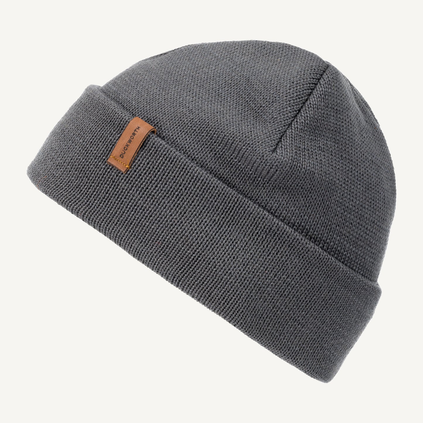 Gray made in America merino wool knit hat with leather patch. 