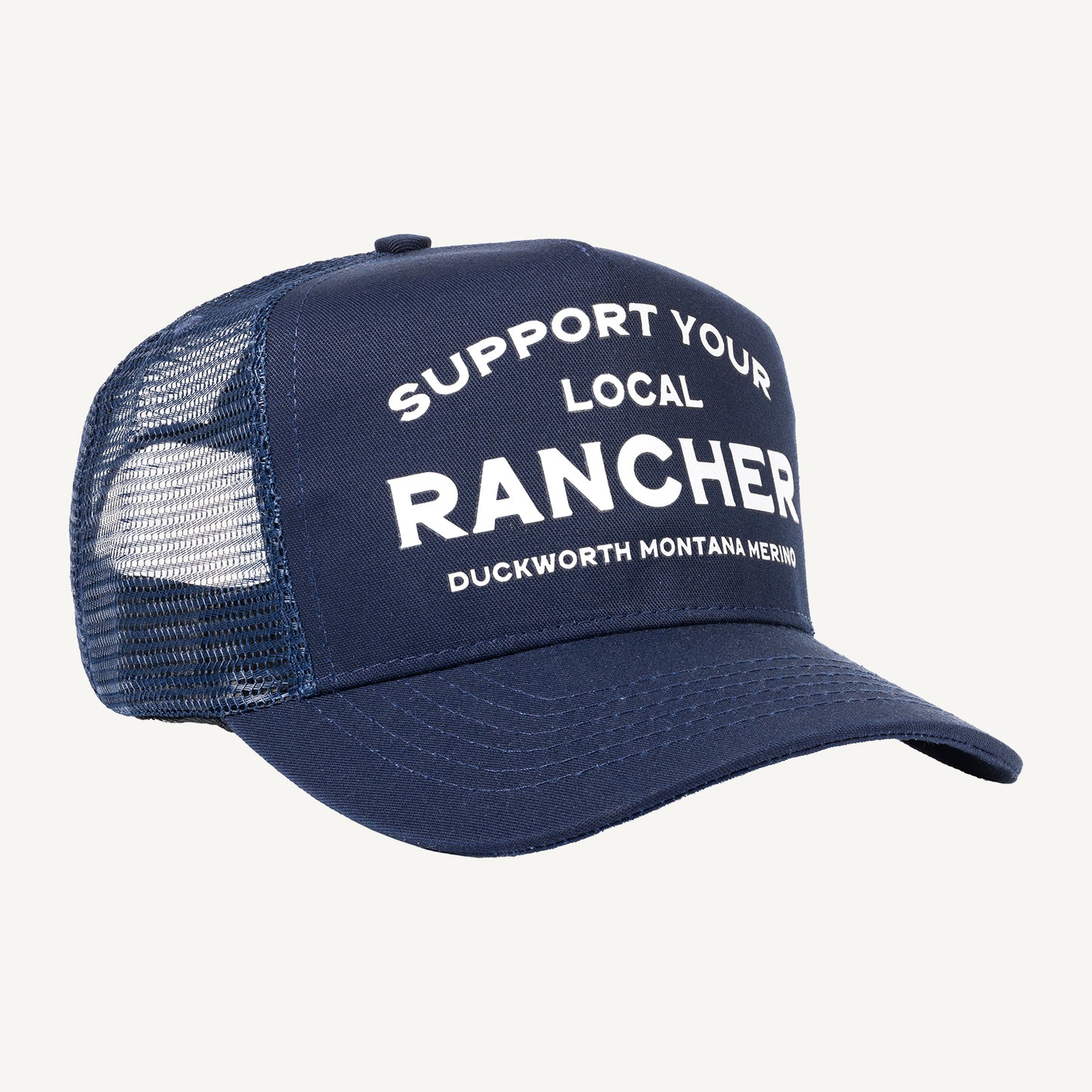 A blue American made trucker hat that supports Montana and ranching. 