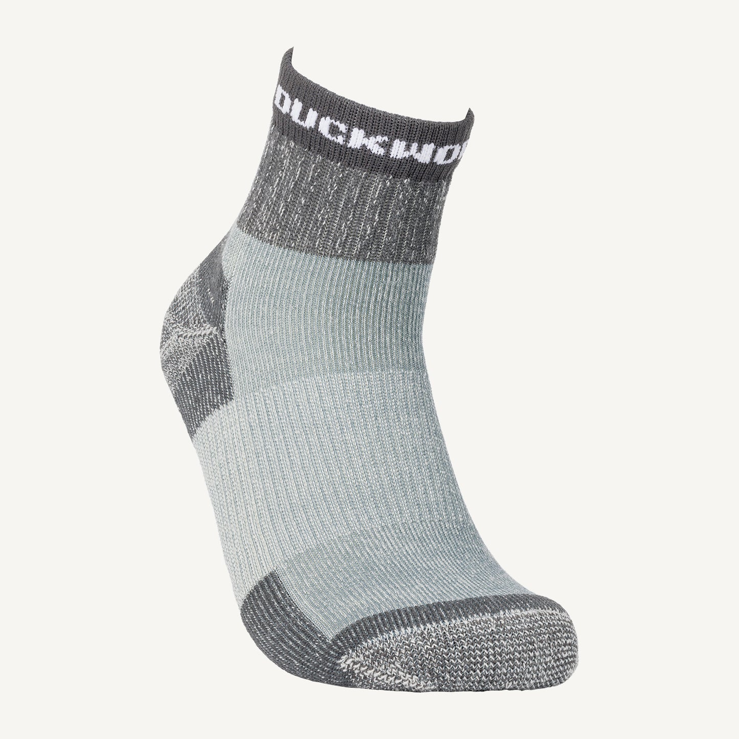 A gray midweight quarter crew American made Duckworth merino wool sock. 