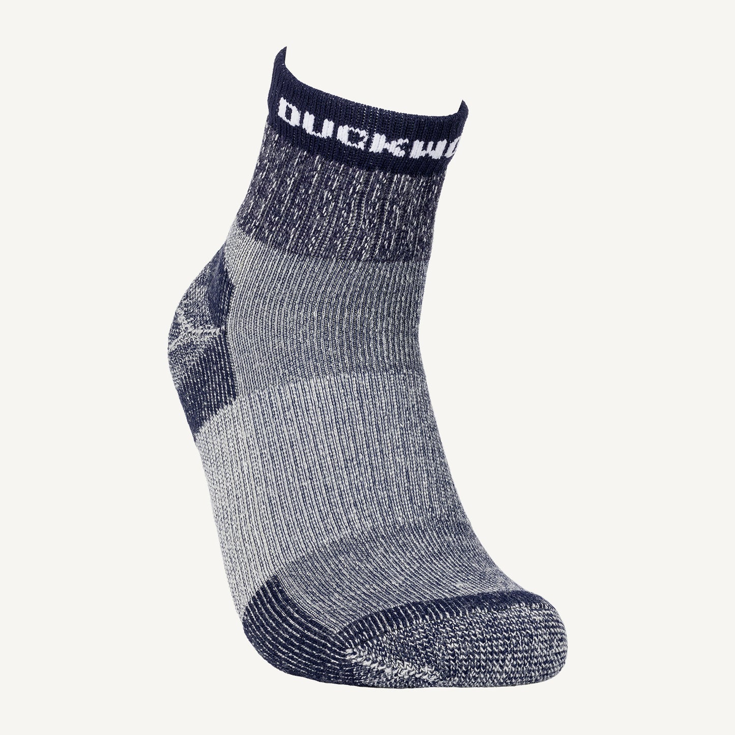 A navy midweight quarter crew American made Duckworth merino wool sock. 