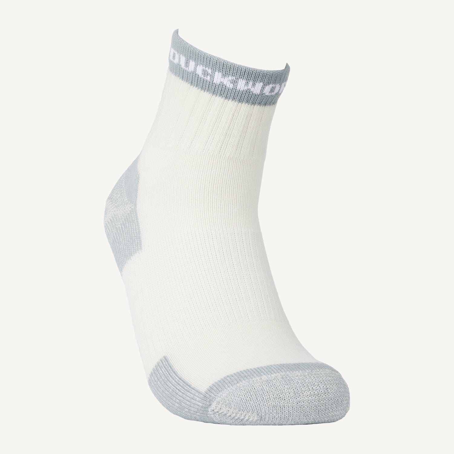 A white midweight quarter crew American made Duckworth merino wool sock. 