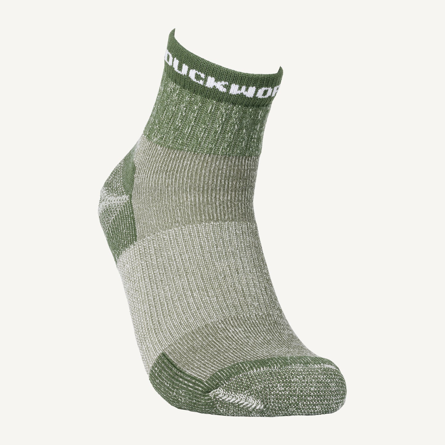 A green midweight quarter crew American made Duckworth merino wool sock. 