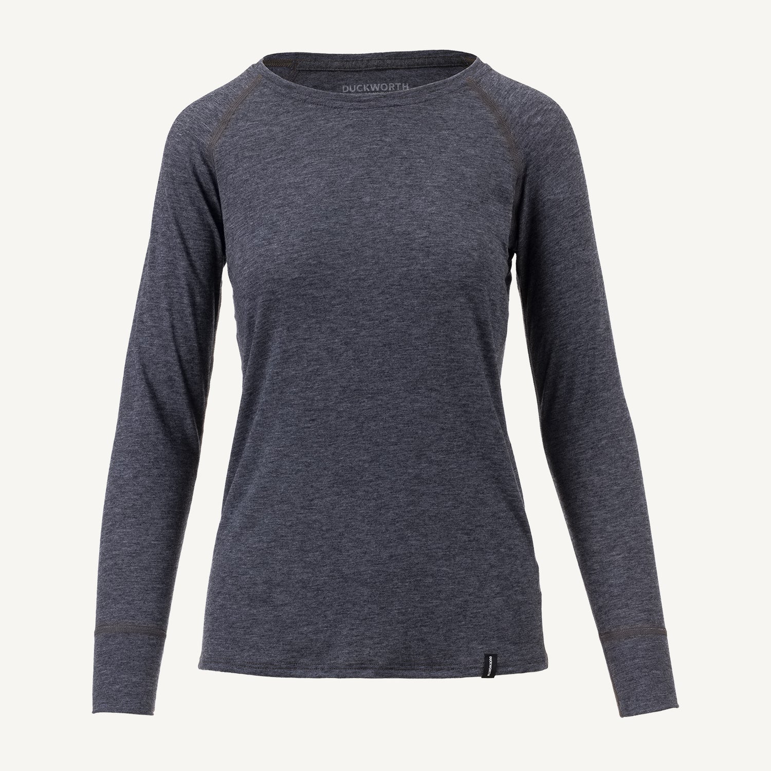 A charcoal gray American made Duckworth merino wool lightweight long sleeve base layer. 