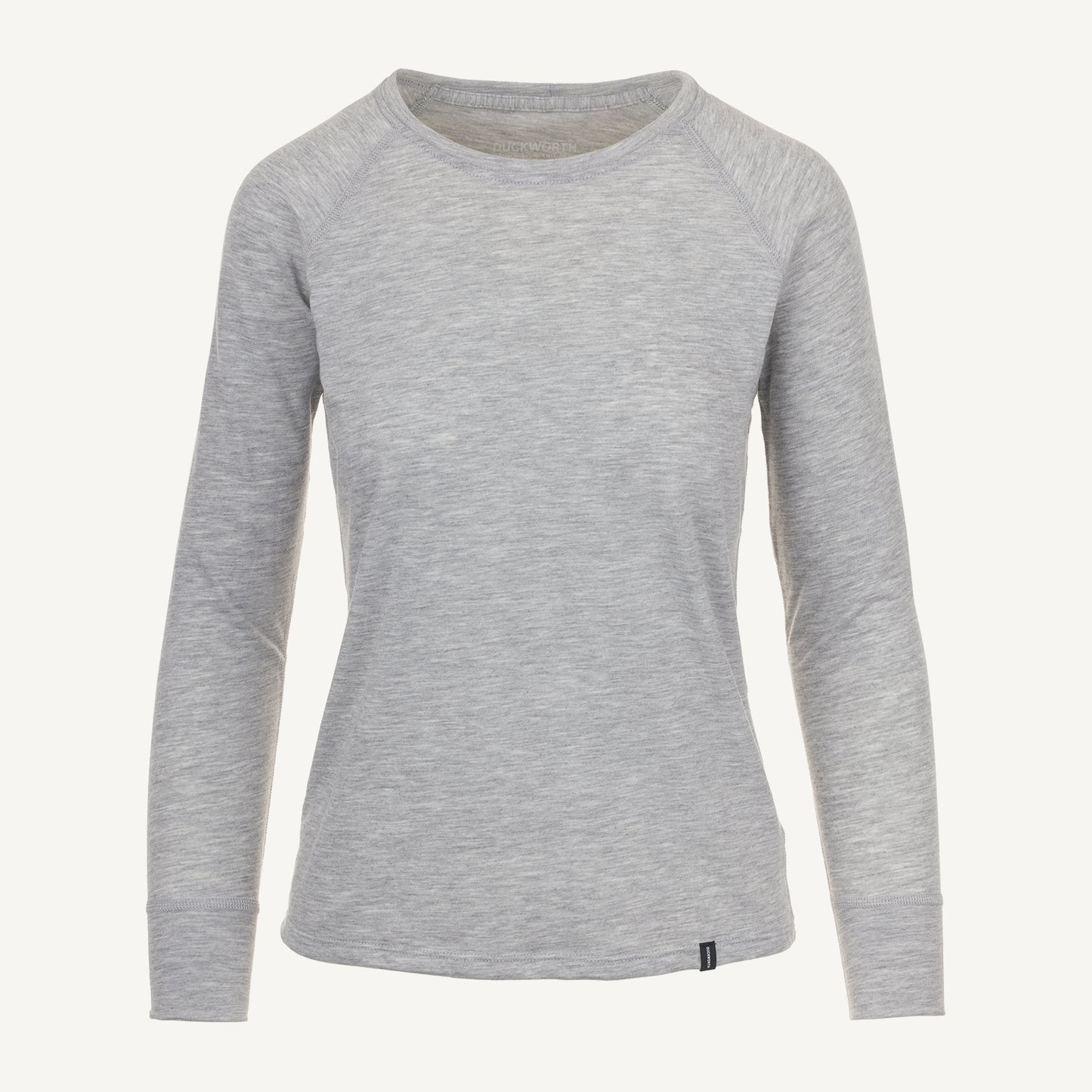 A gray American made Duckworth merino wool lightweight long sleeve base layer. 