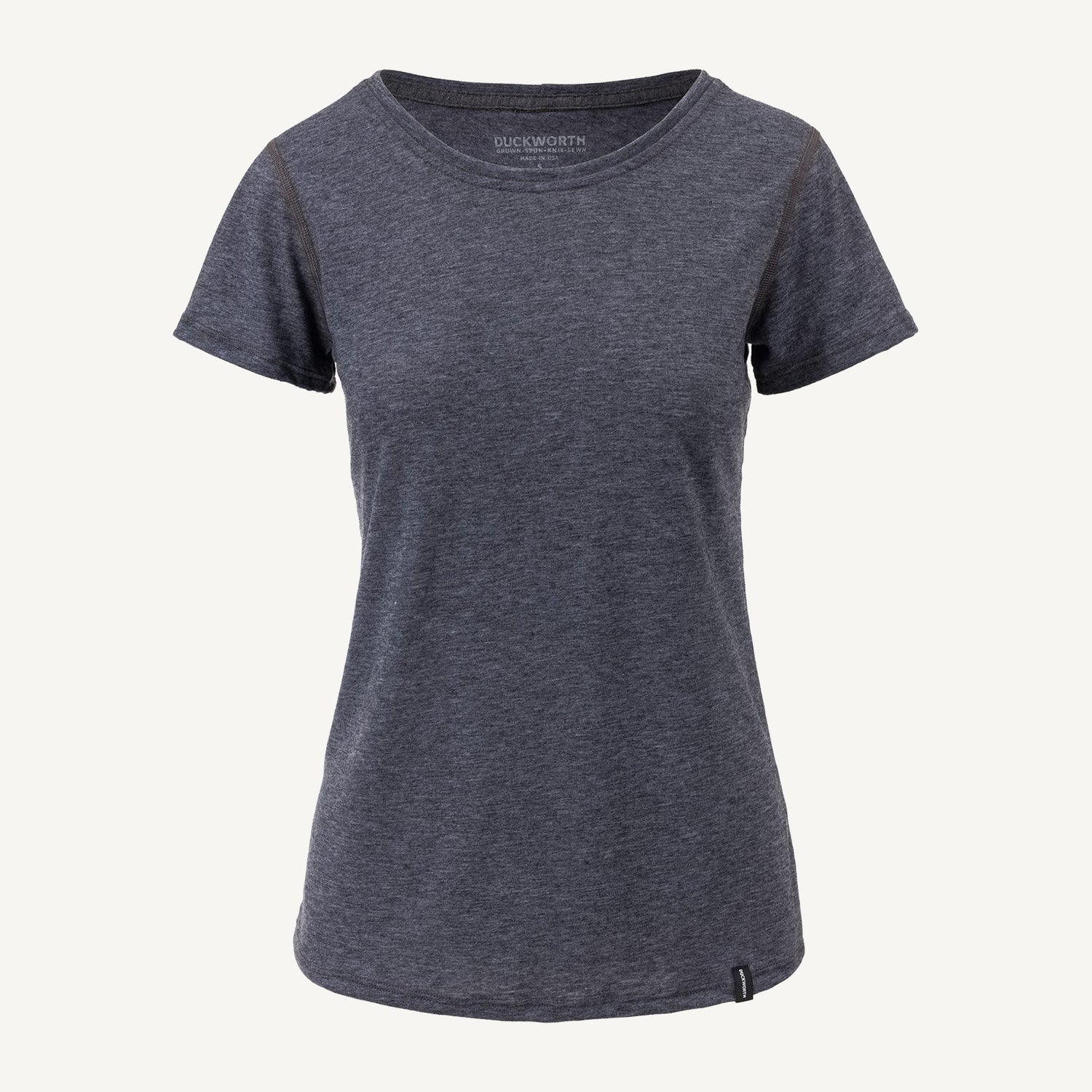 A charcoal gray American made Duckworth merino wool performance tee shirt.