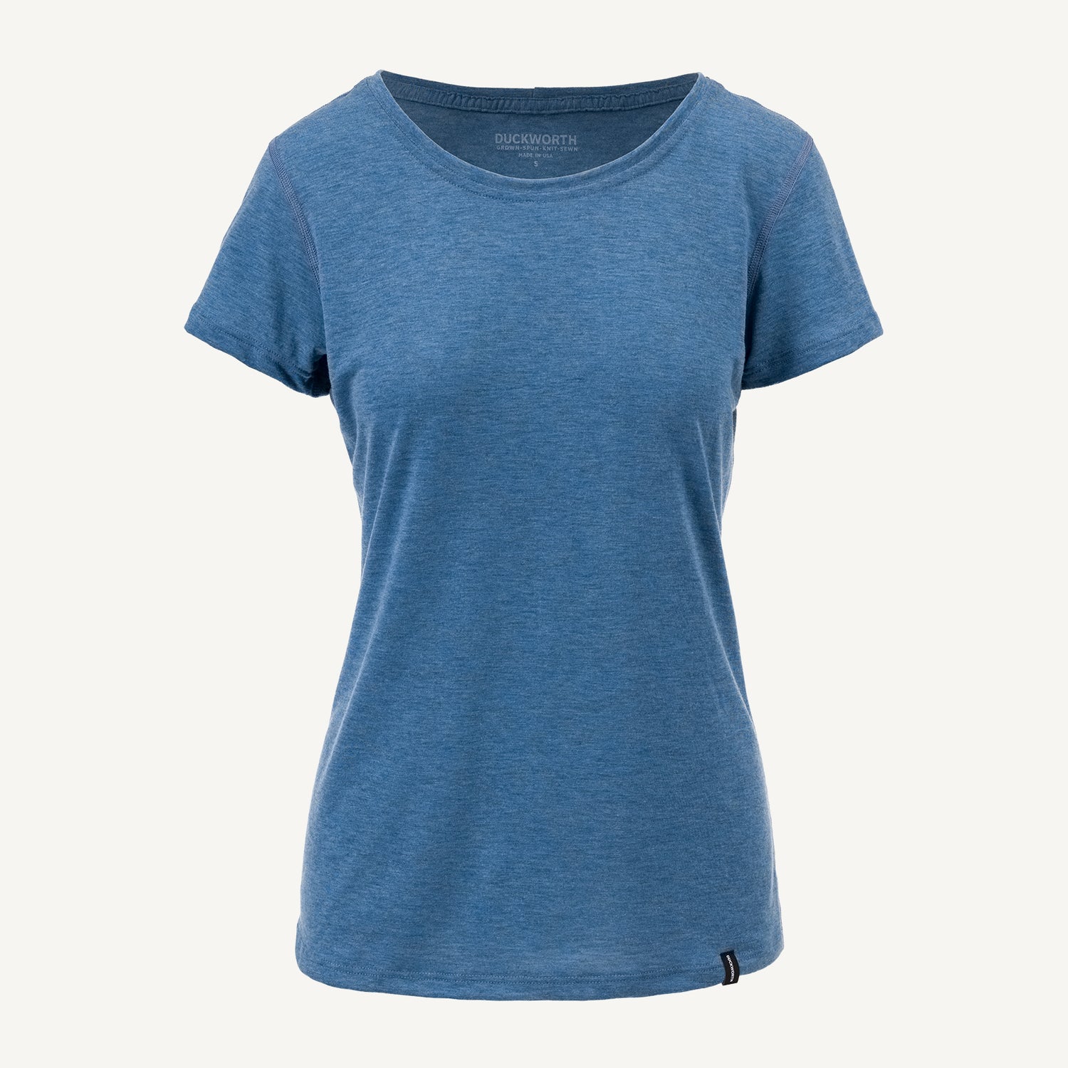 A blue American made Duckworth merino wool performance tee shirt.