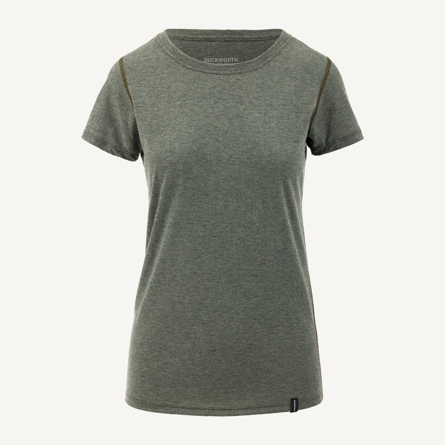 A green American made Duckworth merino wool performance tee shirt.