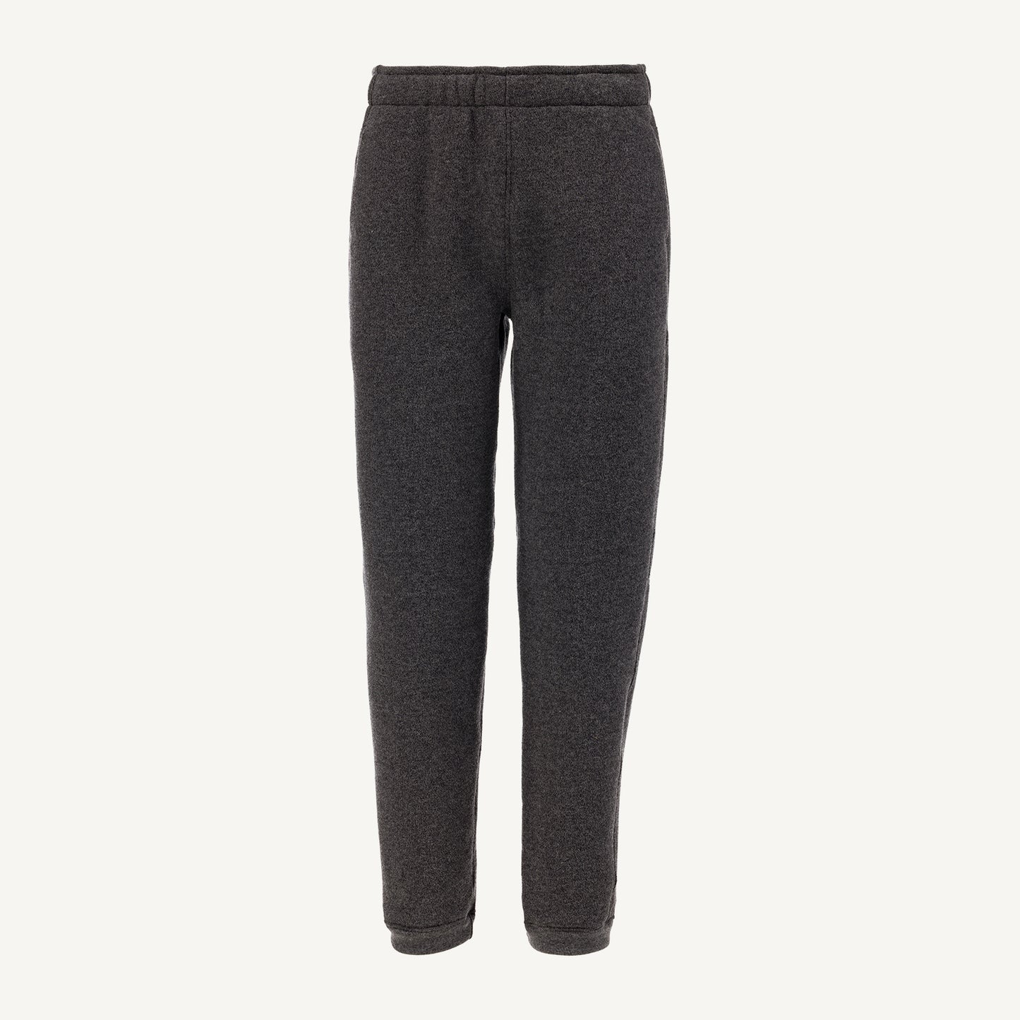 A charcoal gray American made Duckworth merino wool fleece sweatpant.