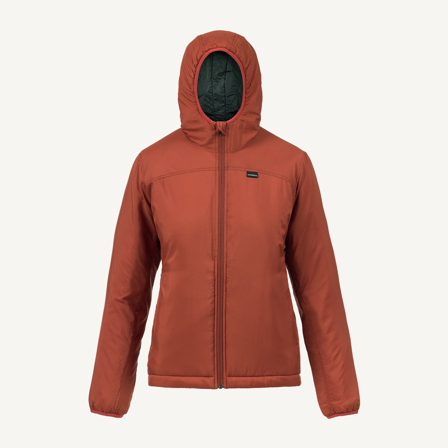 A red American made Duckworth wool insulated soft shell jacket.