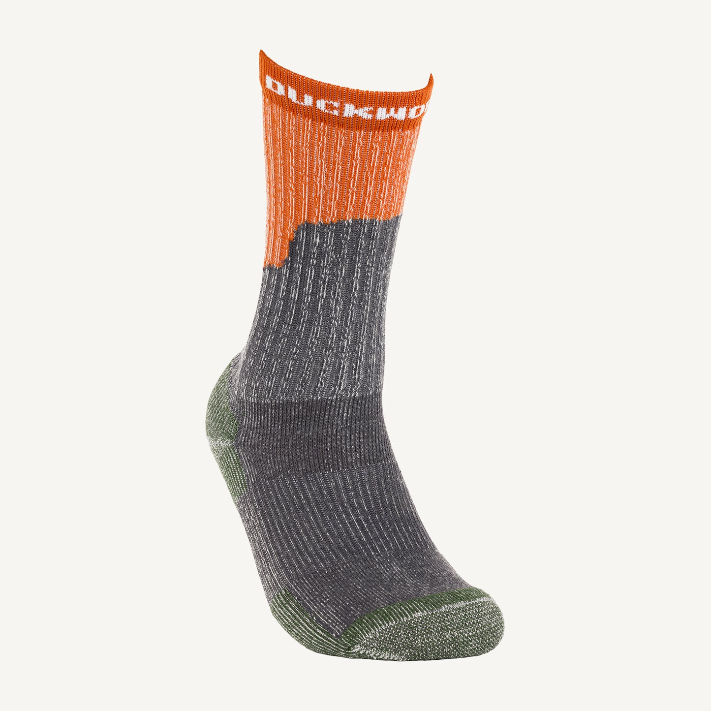 A orange and gray midweight American made merino wool sock.