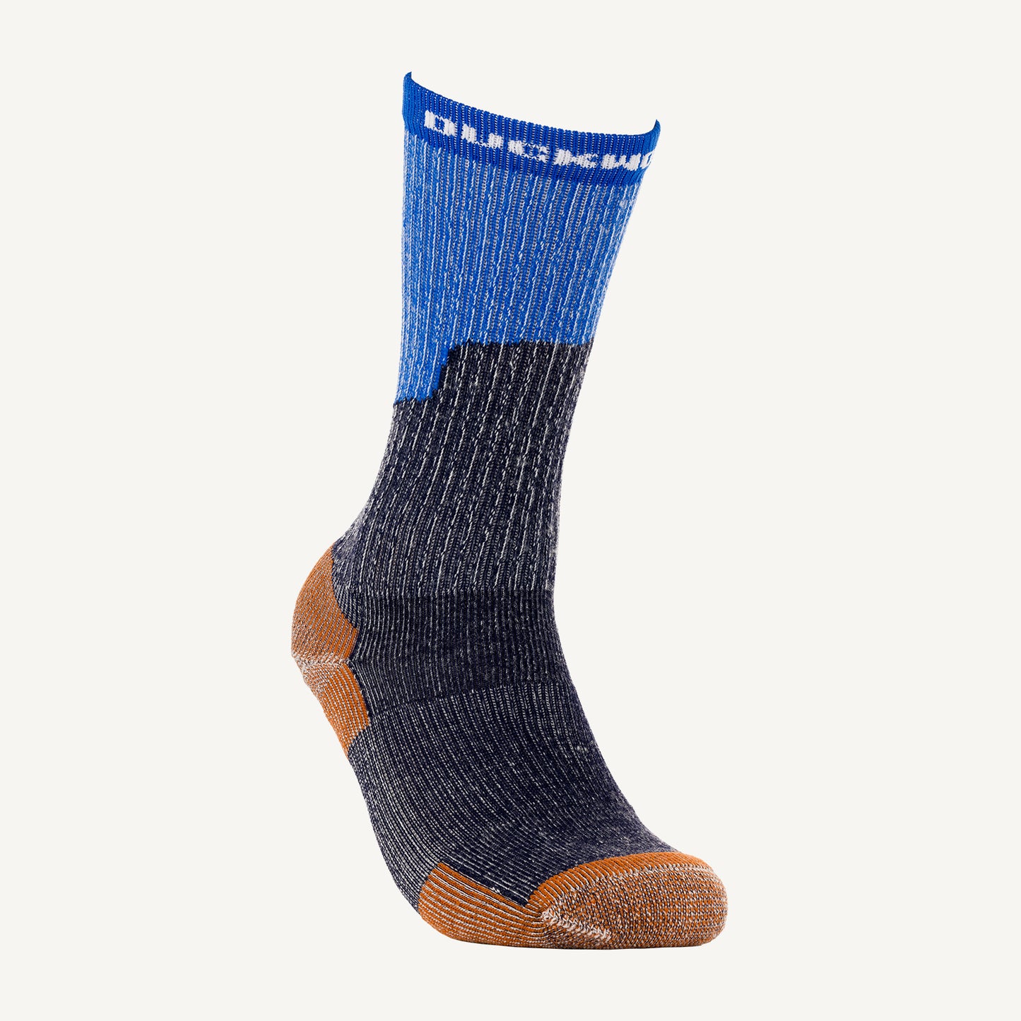 A blue and gray midweight American made merino wool sock.