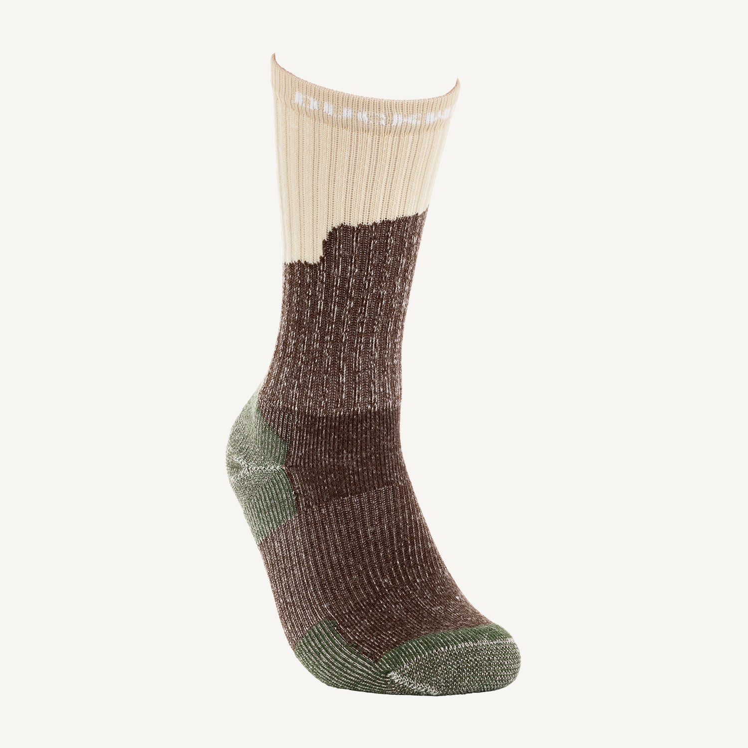 A white and brown midweight American made merino wool sock.