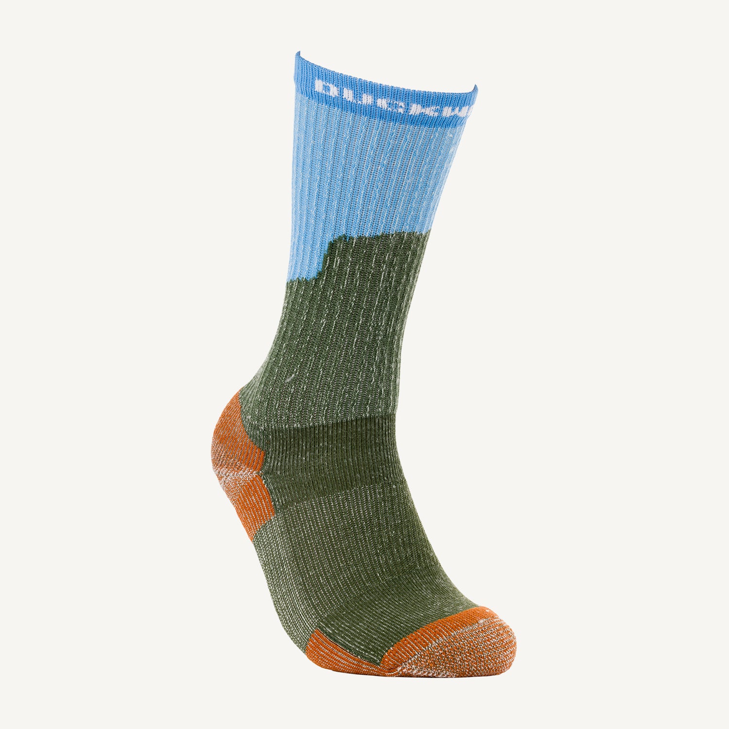 A blue and green midweight American made merino wool sock.